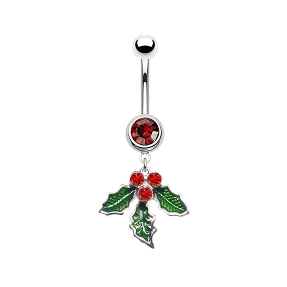 Mistletoe Belly Button Rings - Stainless Steel Bell Navel Rings, Cubic Zirconia, Holiday Piercing Jewelry, Women Body Jewelry, Festive Party Accessory, Safe for Sensitive Skin