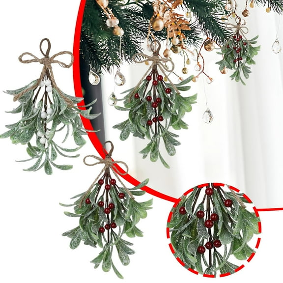 Mistletoe Christmas Decor,Artificial Green Christmas Mistletoe Hanging,Artificial Mistletoe Ornament with Bow,Xmas Artificial Hanging Mistletoe,Mistletoe Glitter Hanging for Home Party
