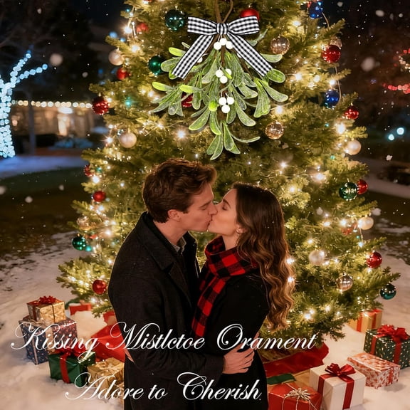 Mistletoe Christmas Decor, Artificial Hanging Mistletoe Picks with Plaid Bow Berries,Like Real Christmas Kissing Ball Ornaments for Kitchen Doorway Tree Decorations (1)
