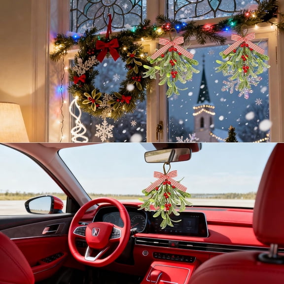 Mistletoe Christmas Decor, Artificial Hanging Mistletoe Picks with Plaid Bow Red Berries,Like Real Christmas Kissing Ball Ornaments for Kitchen Doorway Tree Decorations (1)