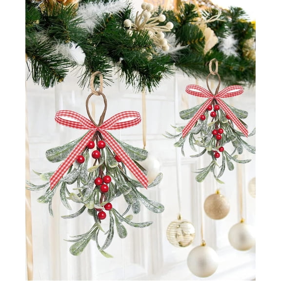 Mistletoe Christmas Decor, Artificial Mistletoe Frosted Mistletoe Decoration for Doorway Hanging Mistletoe Christmas Ornament Kissing Ball Artificial Glitter Leaf Hanging Decoration for Xmas