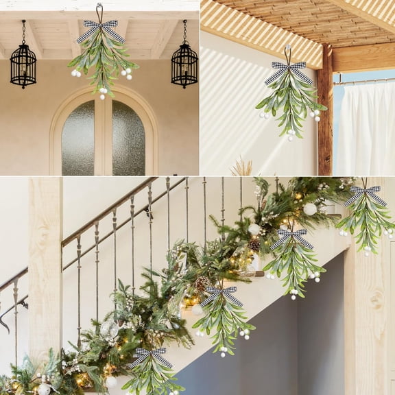 Mistletoe Decor, Artificial Hanging Christmas Mistletoe Picks Plaid Bow White Berries, Kissing Ball Ornaments for Christmas Doorway Kitchen Tree Decorations