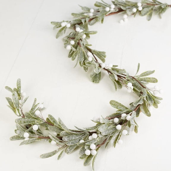 Mistletoe Garland with White Berries by Factory Direct Craft - Holiday Greenery Garland of Glittered Mistletoe Leaves & Berries for Christmas Tree Decorations Around Windows Doors Mantel or Tables