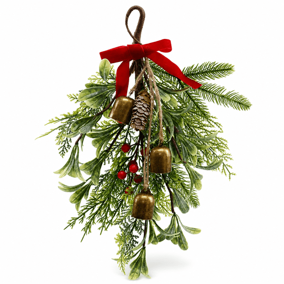 Mistletoe Hanging Ornament with Red Bow and Berries, Artificial Christmas Greenery Decor for Doorway, Wall and Fireplace