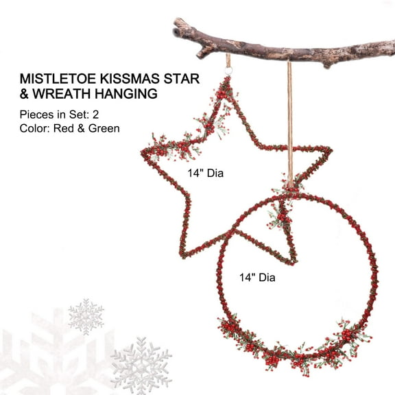 Mistletoe Kissmas Star & Wreath HangingColor: Red & GreenSize: Size: 14"Set of 2