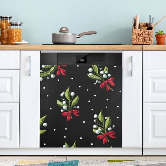 Mistletoe Pattern with Red Bows Christmas Dishwasher Magnet Refrigerator Magnetic Cover Washing Machine Magnet Sticker Kitchen Decor