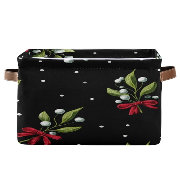 Mistletoe Pattern with Red Bows Christmas Square Storage Bins with Handles Collapsible Containing Box 1 Pack