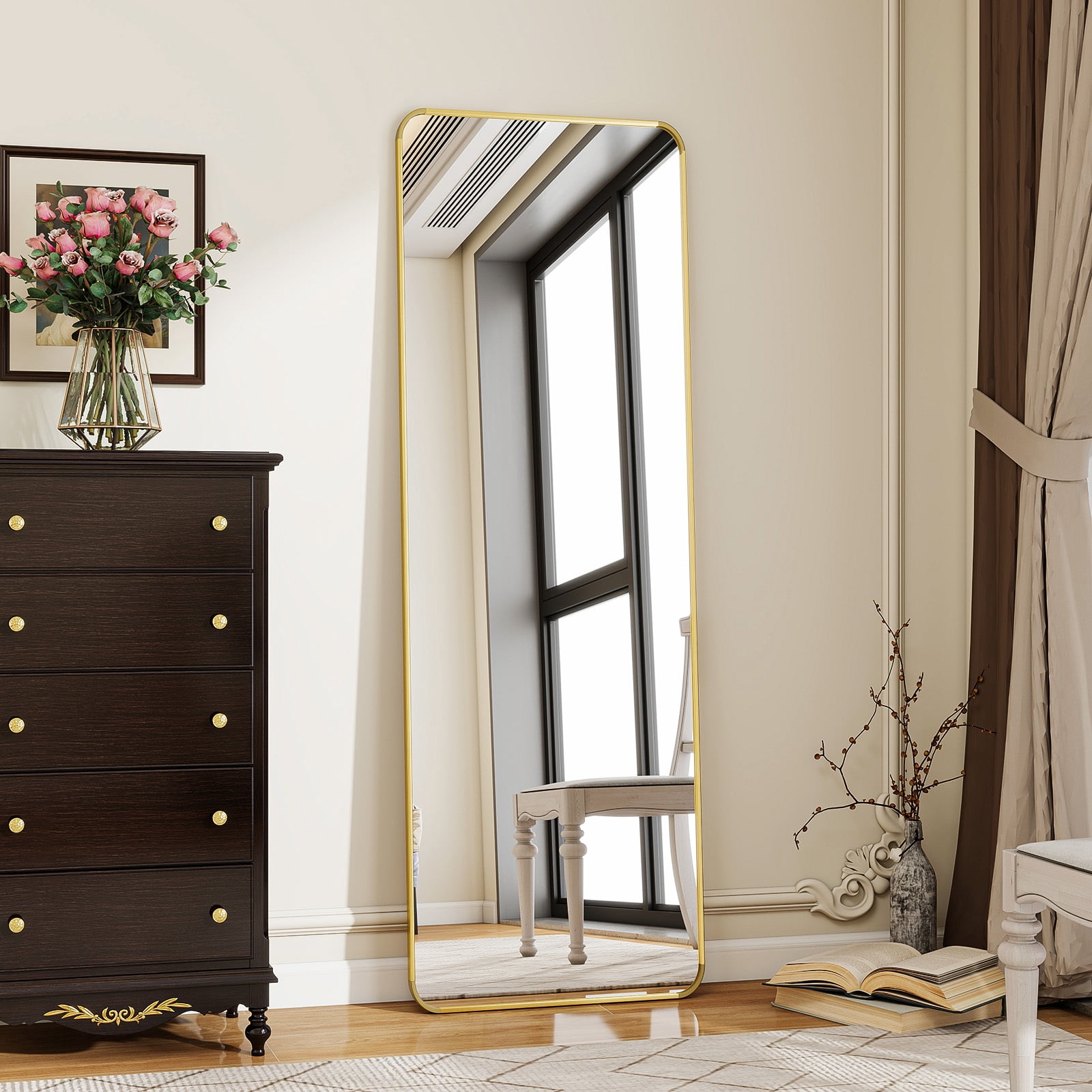 Mistory 59"x16" Full Length Mirror Rounded Corner Floor Mirror with Metal Frame, Gold