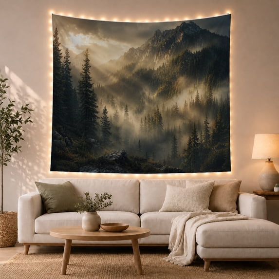 Misty Alpine Evergreen Forest with Sunlit Peaks and Fog, Dramatic Rustic for Nature Lovers, Scenic Mountain Wall Decor, Housewarming Gift Tapestry Wall Hanging for Bedroom and Living Room