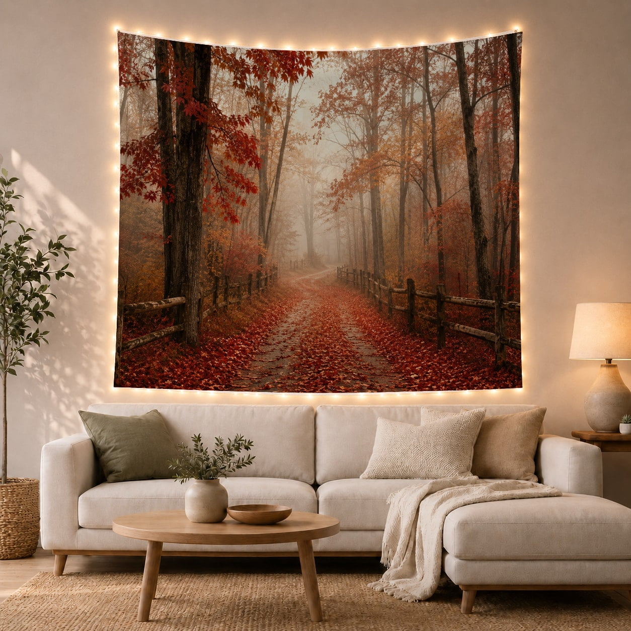 Rustic For Rent Sign Misty Autumn Forest Path with Rustic Fences Serene Rustic for Nature ...