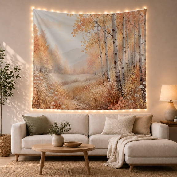 Misty Birch Forest Path, Peaceful Watercolor Style for Nature Lovers, Autumn Landscape Wall Decor, Housewarming Gift, Tapestry Wall Hanging for Bedroom and Living Room