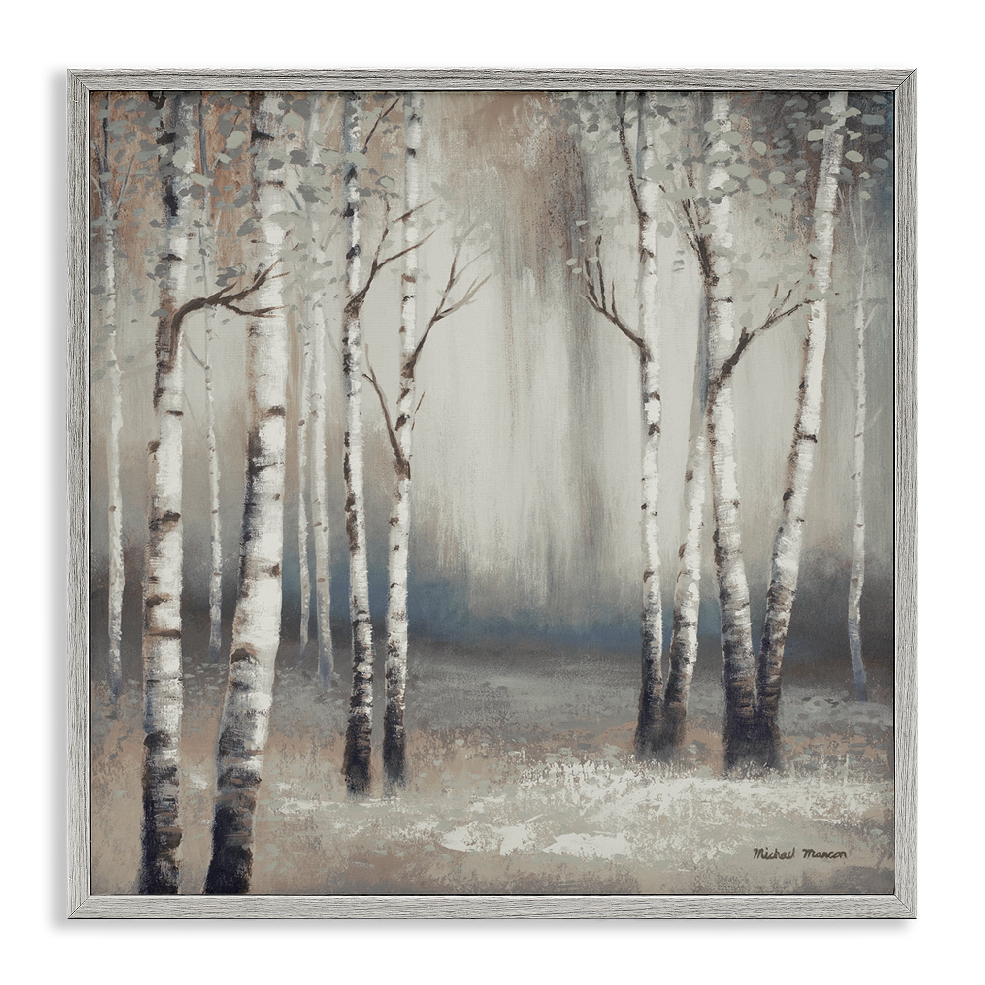 Misty Birch Tree Forest Landscape Gray Framed Giclee Art, 17 x 17
