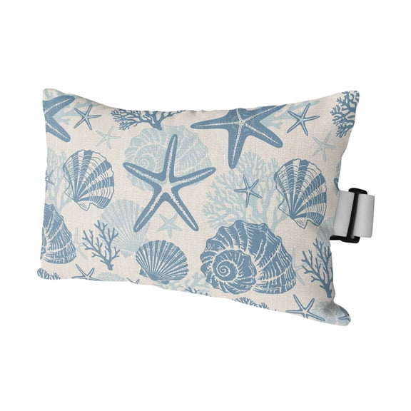 Misty Blue Coastal Summer Outdoor Pillows for Chaise Lounge Chair Waterproof Lumbar Pillows with Insert&Adjustable Elastic Strap Beach Headrest Pillow Coral Shell Starfish Vintage Pool Pillow 11"x16"