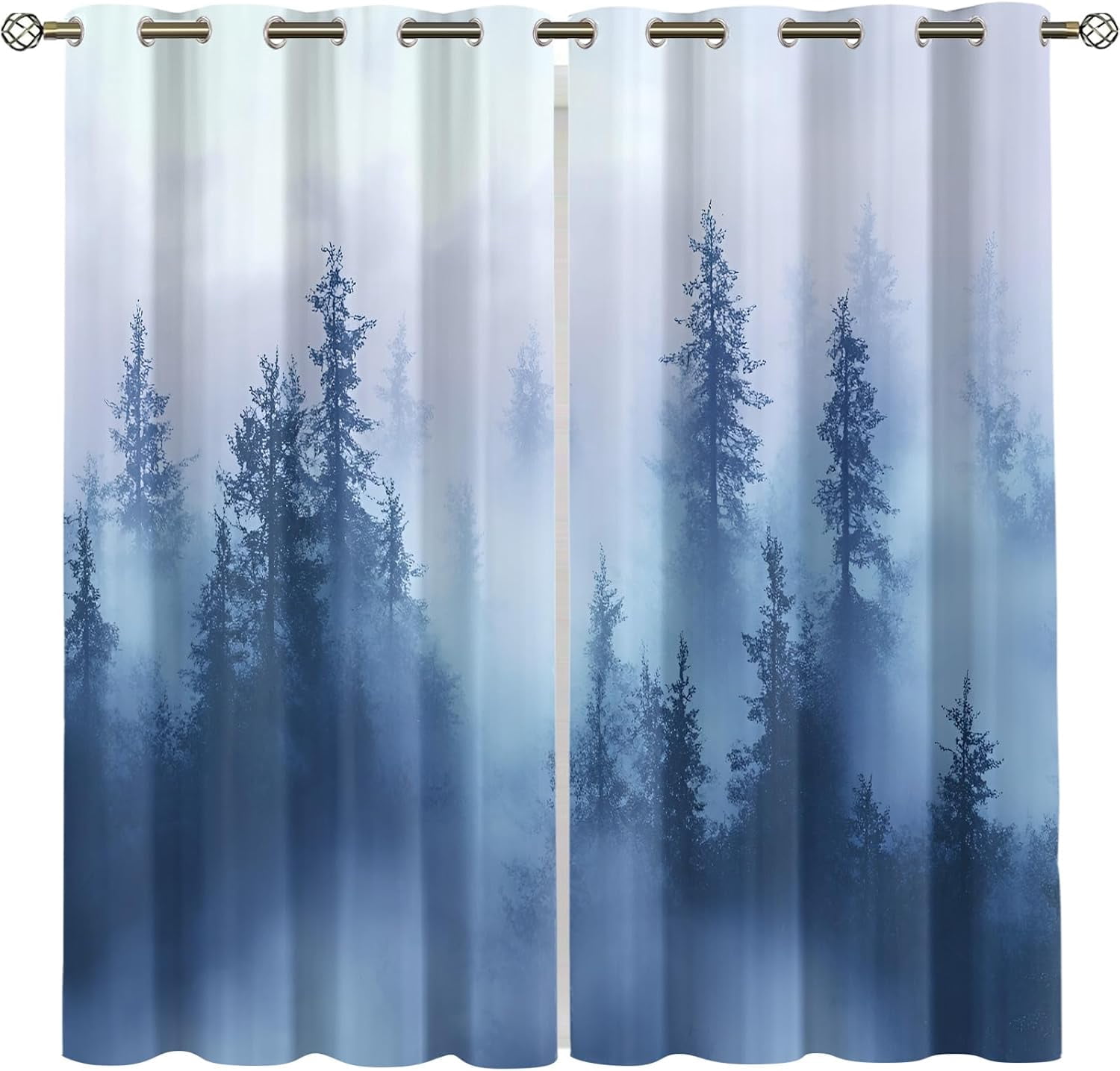 Misty Blue Forest Blackout Curtains, Foggy Woodland Drapes for Bedroom ...