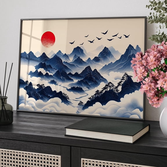 Misty Blue Mountains Chinese Landscape Cloudy Red Sun Modern Nature Home Decor, Unframed Poster