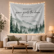 Misty Evergreen Forest at Dawn, Serene Watercolor Nature Landscape for Nature Lovers, Inspirational Room Decor Housewarming Gift Tapestry Wall Hanging for Bedroom, Living Room and Dorm
