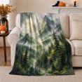 thumbnail image 1 of Misty Evergreen Forest, Peaceful Mountain Lake Scene, Warm Flannel Blanket for Cabin and Lodge with Detailed Artwork, Outdoor Lovers Camping Gift, Rustic Home Decor, 1 of 9