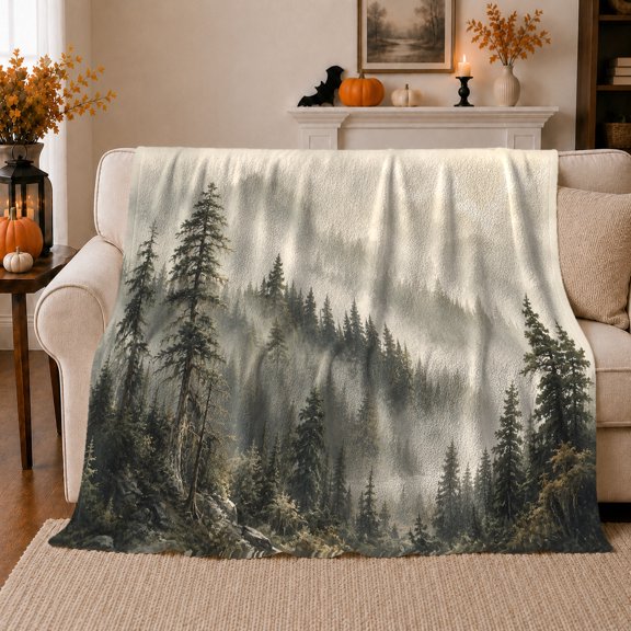 Misty Evergreen Forest Pine Tree Landscape Calm Tranquil, Peaceful Mountain Lake Scene, Warm Flannel Blanket for Cabin and Lodge, Outdoor Lovers Christmas Gift, Festive Home Decor