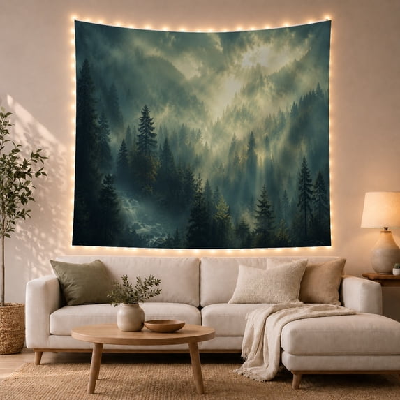 Misty Evergreen Forest with Waterfall and Layered Mountains, Moody Fantasy for Nature Lovers, Wilderness Mountain Art, Housewarming Gift Tapestry Wall Hanging for Living Room and Bedroom