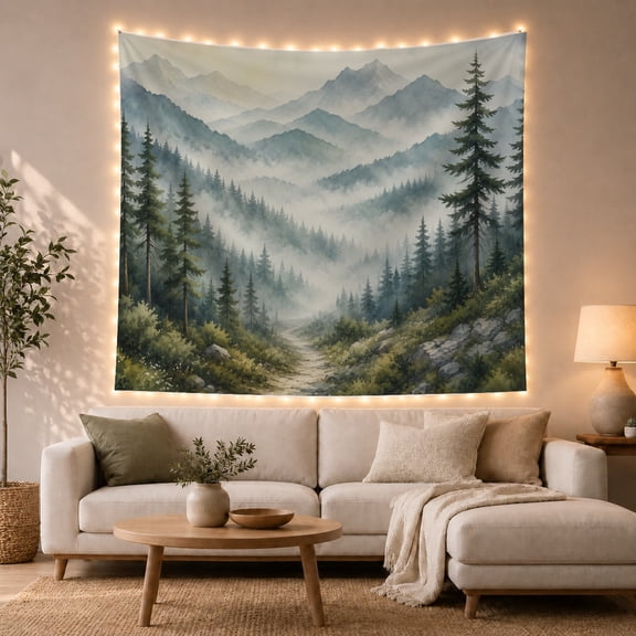 Misty Evergreen Valley in Fog, Serene Rustic Wall Art for Nature Lovers, Atmospheric Forest Path Decor, Housewarming Gift Tapestry Wall Hanging for Living Room and Bedroom