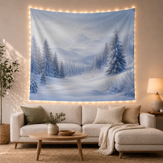 Misty Fir Valley Among Pale Mountain Ridges, Calming Illustration for Nature Lovers, Snowy Landscape Decor, Christmas Gift, Tapestry Wall Hanging for Bedroom and Living Room