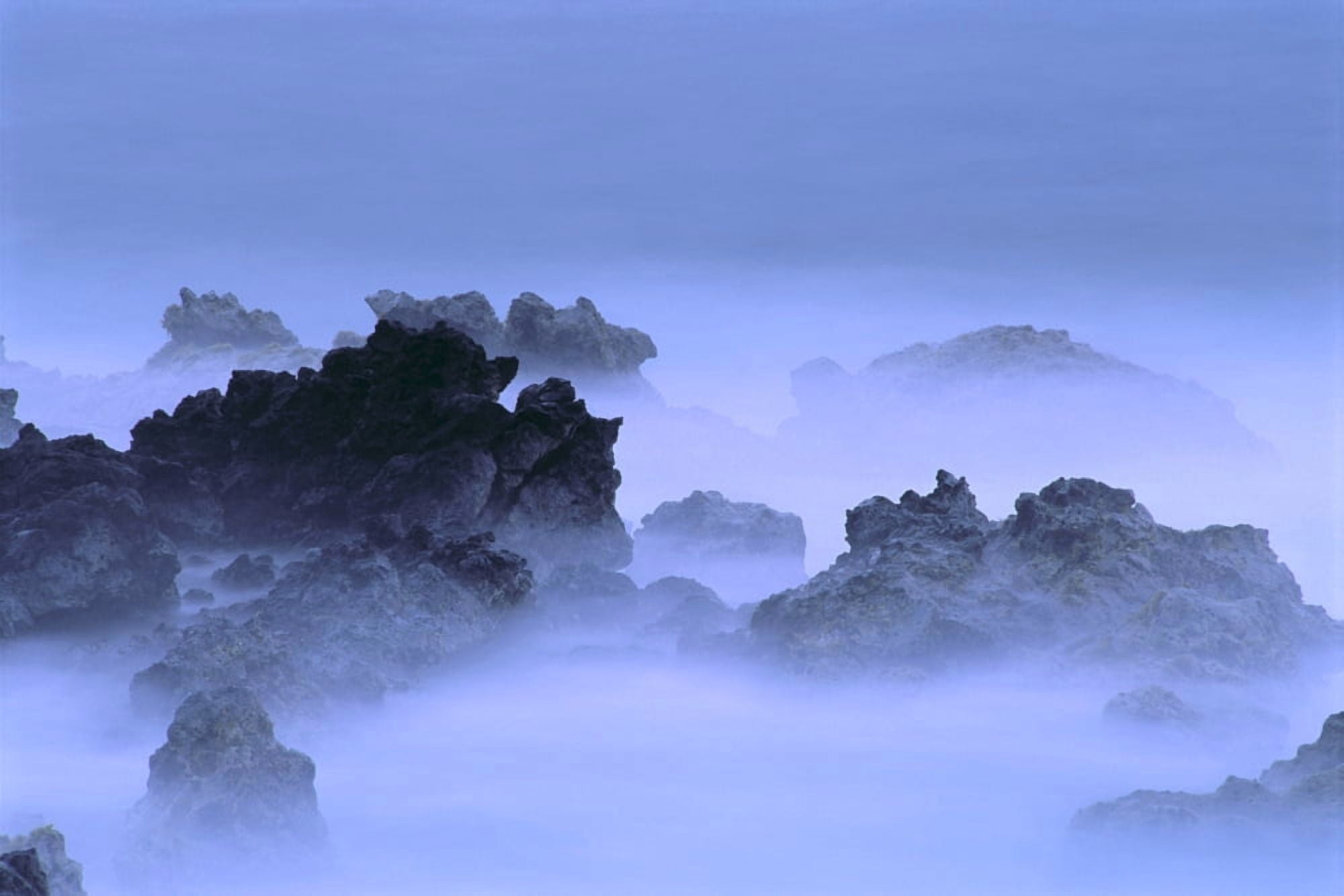 Misty Fog Layer Over Lava Rocks Ocean Shoreline Canvas Art - Greg Vaughn Design Pics (19 x 12)