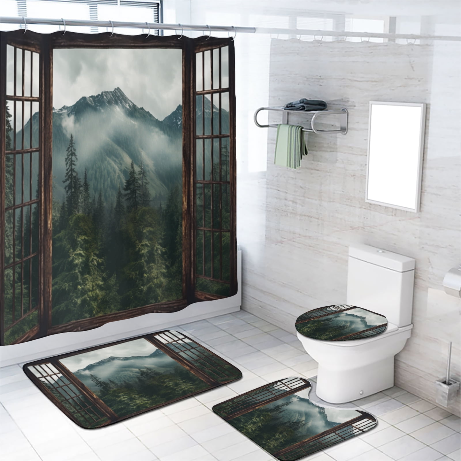 Misty Forest 4 Pcs Shower Curtain Set Nature Landscape Mountains Window View with 12 Hooks, Bath Mat Set Bathroom Decor by Durable Waterproof Fabric, 72x72 Inch