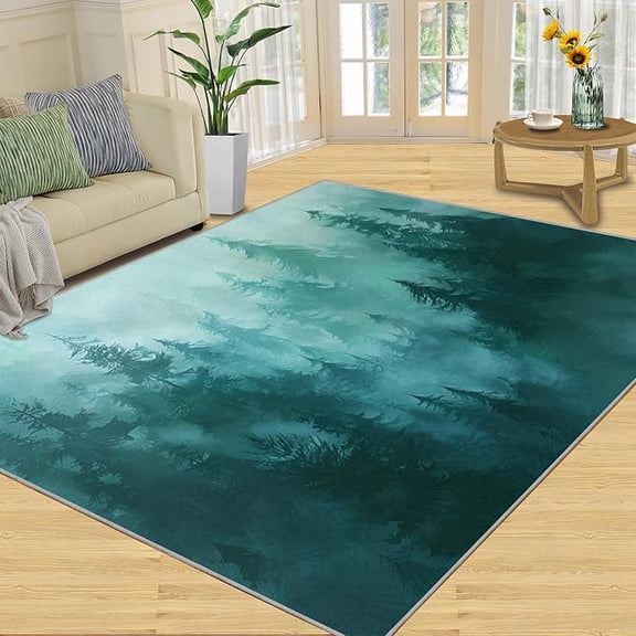 Misty Forest Area Rug, Foggy Pine Tree Forest Rugs for Bedroom, Indoor Non-Slip Kids Rugs, Machine Washable Breathable Durable Carpet for Front Entrance Floor Decor 5 x 7ft