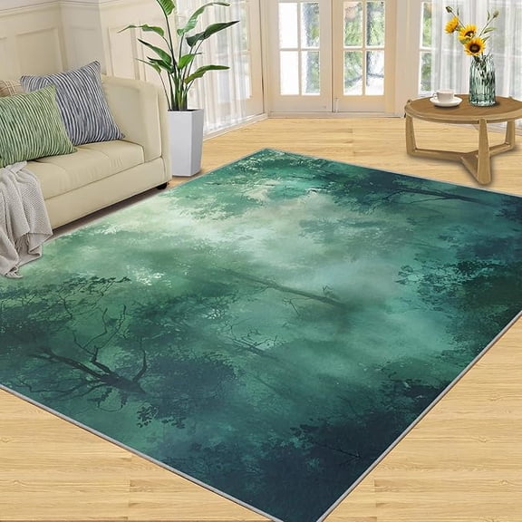 Misty Forest Area Rug, Green Forest Landscape Rugs for Bedroom, Indoor Non-Slip Kids Rugs, Machine Washable Breathable Durable Carpet for Front Entrance Floor Decor 2 x 3ft
