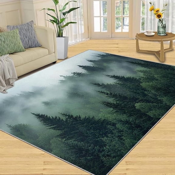 Misty Forest Area Rug, Pine Forest Rug, Pine Tree Rugs for Living Room Bedroom, Indoor Non-Slip Rugs, Machine Washable Carpet for Front Entrance Floor Decor 5 x 8ft