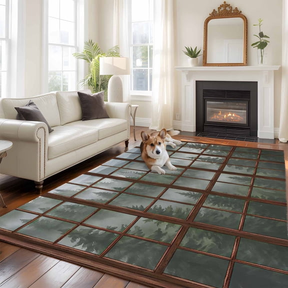 Misty Forest Area Rugs 5x7 ft Wooden Window Forest Mountain Retro Tree Washable Rug Non Slip Indoor Carpet Absorbent Floor Mat for Living Room Bedroom Dining Room