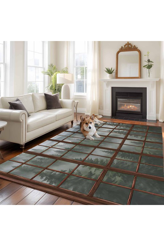 Misty Forest Area Rugs 5x7 ft Wooden Window Forest Mountain Retro Tree Washable Rug Non Slip Indoor Carpet Absorbent Floor Mat for Living Room Bedroom Dining Room