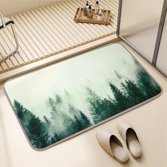 Misty Forest Bathroom Rug, 16x24 Blue Thin Bath Mat Doormat Floor Mat Absorbent Quick Dry Non Slip, Diatomaceous Mud Mats with Rubber Backing for Shower Tub Sink Laundry Kitchen Doorway