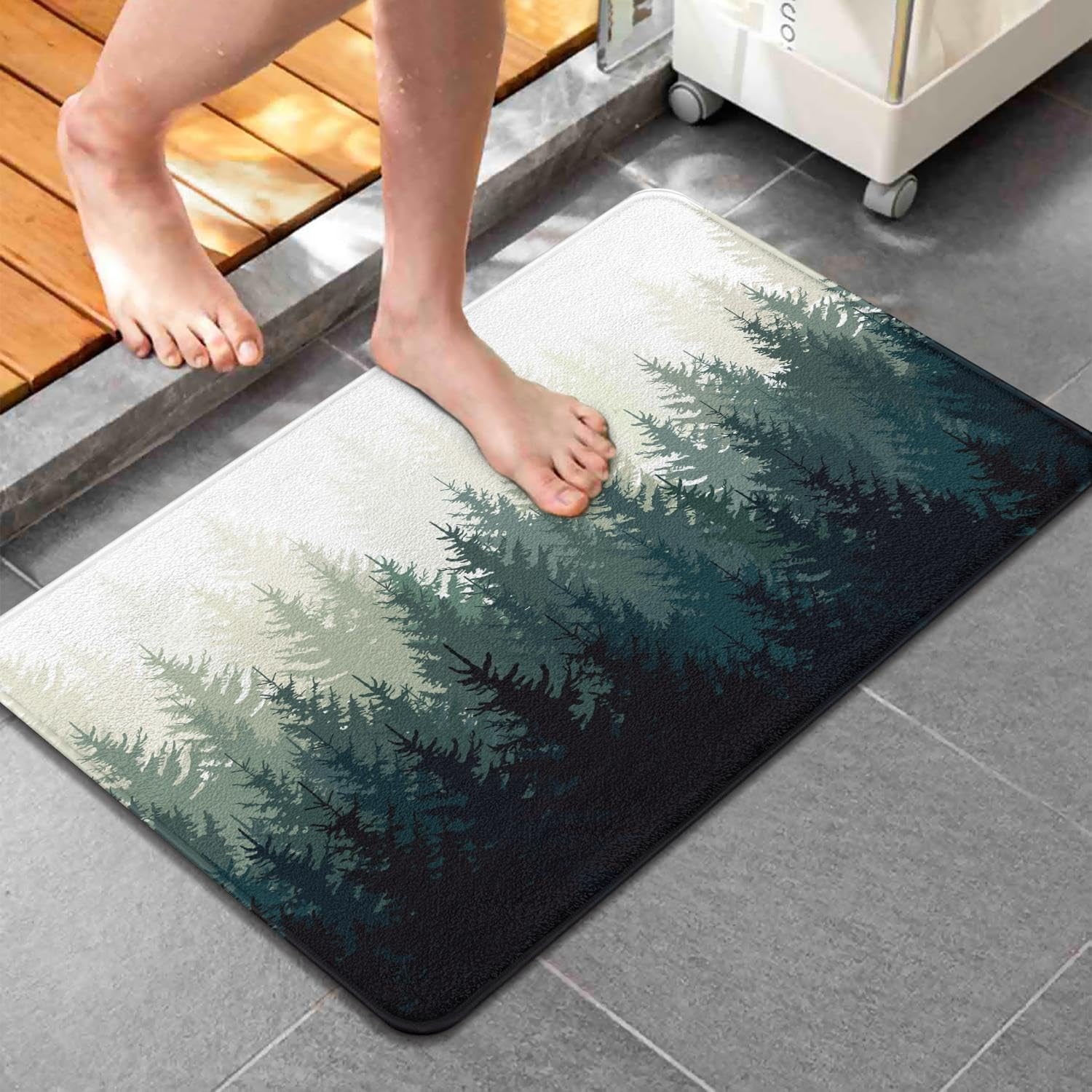 Misty Forest Bathroom Rugs Nature and Woodland Bath Mat Non-Slip Water Absorbent Bath Rug Soft Microfiber Floor Mats for Bathroom Tub and Shower Room Blue