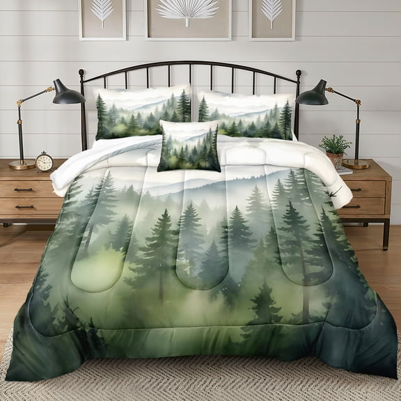 Misty Forest Bedding Set Queen Size Nature Mountain Comforter Set Aesthetic Room Decor Cabin Style Quilt Duvet Set 4 Pieces for All Seasons 1 Comforter 2 Pillowcases 1 Cushion Cover