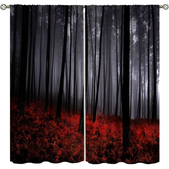 Misty Forest Blackout Curtains, Natural Landscape Dark Jungle Red Lawn Pattern Printed Curtains for Bedroom Living Room Insulation Curtains 42x54 Inch