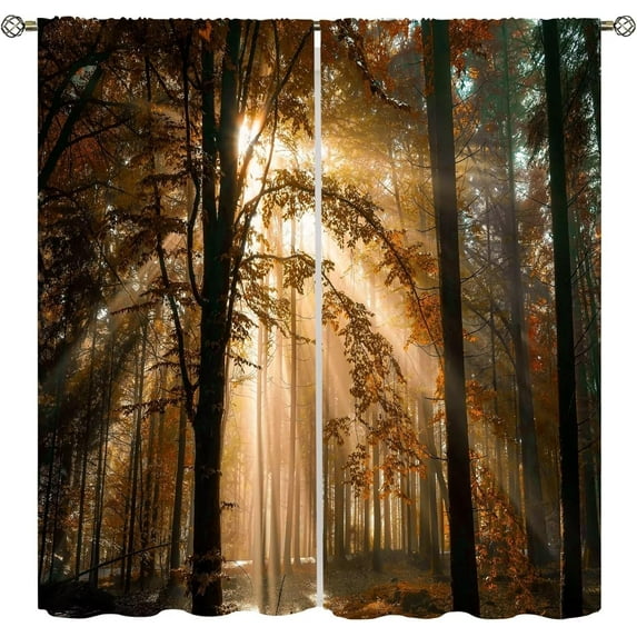 Misty Forest Blackout Curtains, Natural Landscape Dark Jungle Red Lawn Pattern Printed Curtains for Bedroom Living Room Insulation Curtains 55x63 Inch