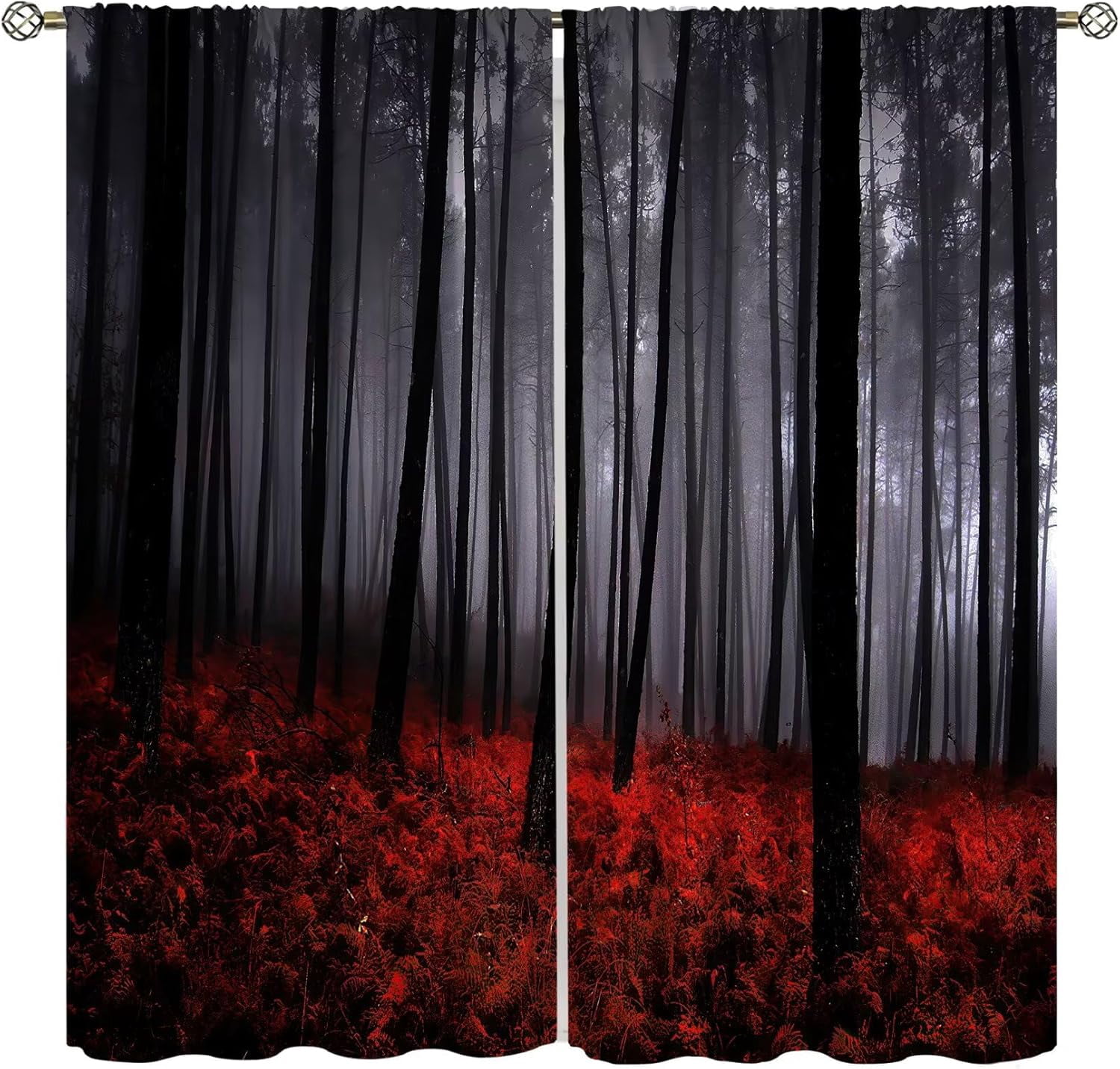 Misty Forest Blackout Curtains, Natural Landscape Dark Jungle Red Lawn Pattern Printed Curtains for Bedroom Living Room Insulation Curtains 84x84 Inch