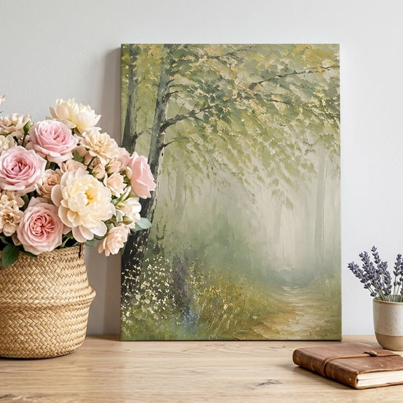 Misty Forest Canvas Wall Art for Living Room, Misty Path Wild Meadows Green Birch Trees Boho Poster Print Painting for Small Bedroom Mini Dining Area Decoration Wall Pictures Prepare To Hang 11"x14"