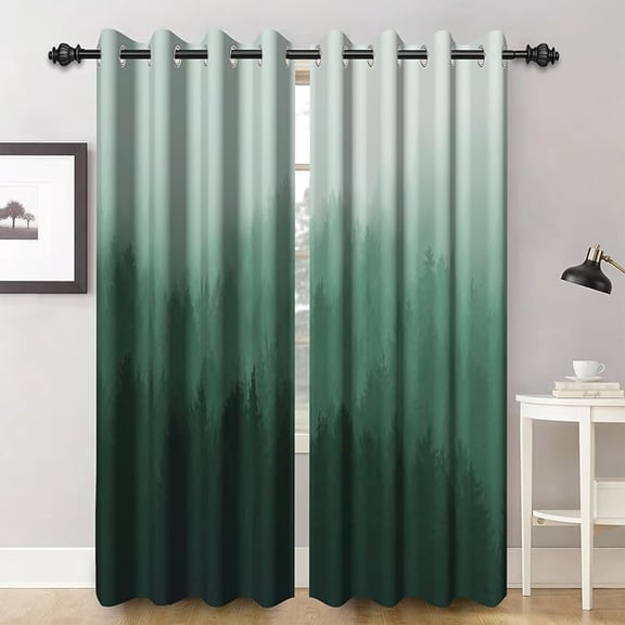 Misty Forest Curtains Nature Pine Woodland Landscape Forest Window Drapes With Grommets Green Watercolor Foggy Jungle Forest Curtain For Bedroom Living Room 42"W x 63"L (Pack of 2)