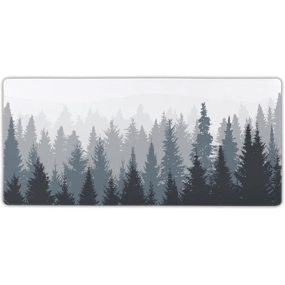 Misty Forest Desk Pad Protector - Large Gray Grey Blue Tree Gaming Mouse Pad 35.4×15.7 inch, Nature Mountain Woodland Desk Writing Pad with Non-Slip Rubber Base for Home Office Work Accessories