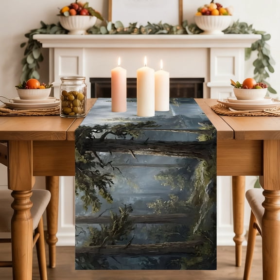 Misty Forest Dining Table Runner, Rustic Sage Green Pine Trees Foggy Gray Lake Washable Table Runners Kitchen Coffee Table Center Decor for Home Party Holiday Wedding 13 x 36 Inches