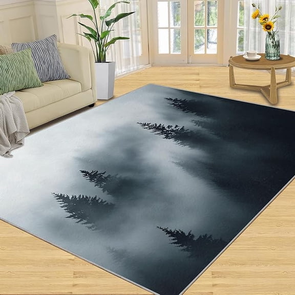 Misty Forest Gifts & Home Decor, Woodland Landscape Area Rug, Washable Rugs for Bedroom, Fir Tree Rugs for Living Room, Non Slip Indoor Carpet 4 x 6ft