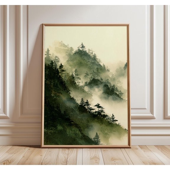 Misty Forest Green Landscape Tranquil Nature Evergreen Tree Wall Art, Stretched Canvas 12x16in