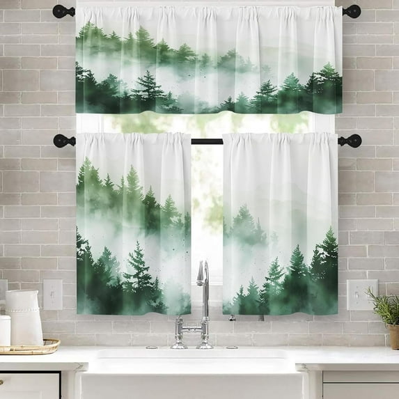 Misty Forest Kitchen Window Curtains Valance and Tier Set 36 Inch, Green Foggy Mountain Tree 3 Piece Window Treatment Tiers for Living Room Bedroom Nature Landscape Kitchen Decor Drapes