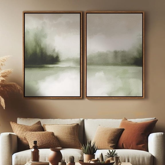 Misty Forest Lake Framed Wall Art Set of 2 Watercolor Soft Green Landscape Canvas Print Modern Nature Decor for Living Room Set 2