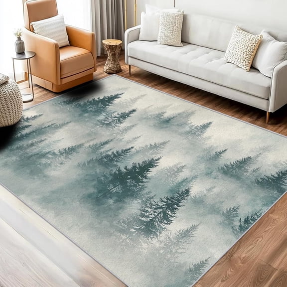 Misty Forest Landscape Area Rugs, Pine Tree Nature Carpet, Washable Non Slip Low Pile Soft Rug for Bedroom Living Room Decor Mat 2ftx3ft