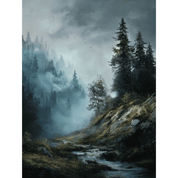 Misty Forest Landscape Canvas Print, Suitable for Living Room, Bedroom, Office, Hallway, Study, Cabin Rustic Decor