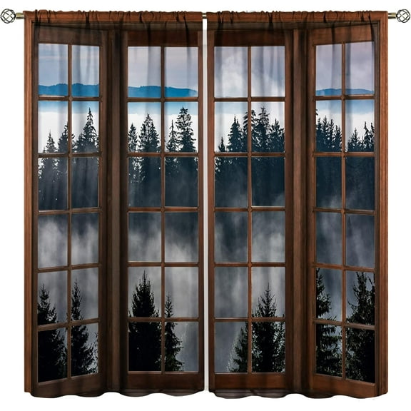 Misty Forest Landscape Curtains, Wooden Window Forest Mountain Rustic Bedroom Living Room Kitchen Blackout Curtains 42x54 Inch