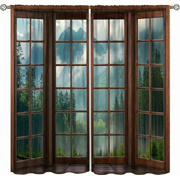 Misty Forest Landscape Curtains, Wooden Window Forest Mountain Rustic Green Tree Mysterious Window Treatments For Bedroom Living Room Kitchen Blackout Curtains 42"W x 63"L (Pack of 2)
